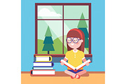 girl in glasses reading a book