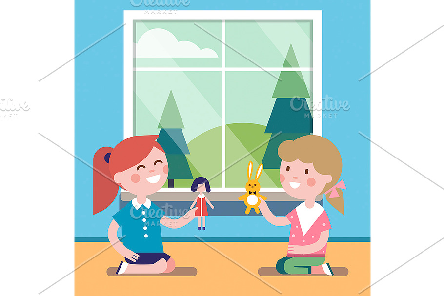 Two friends playing with toy dolls in Illustrations - product preview 8