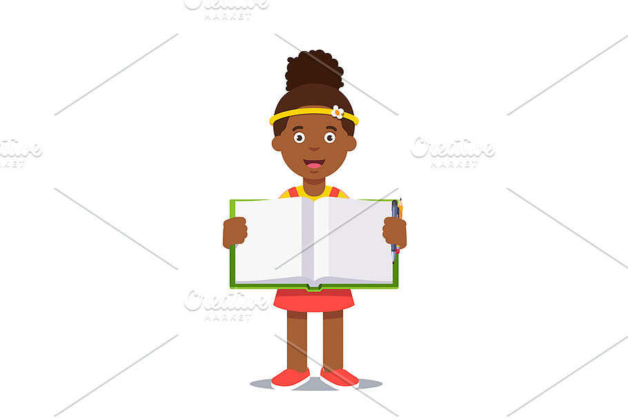 girl holding an open work book 