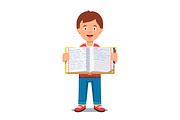 boy holding an open school workbook