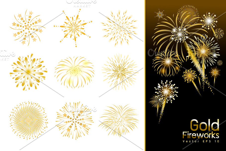 Set of gold fireworks design in Illustrations - product preview 8