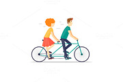 Couple riding tandem bicycle.
