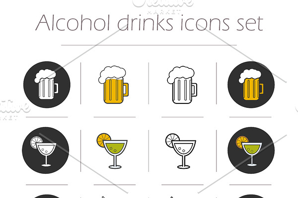 Alcoholic drinks. 12 icons. Vector