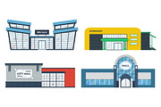 Set of flat supermarket buildings