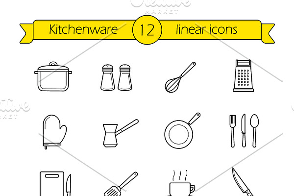 Kitchenware. 12 linear icons. Vector