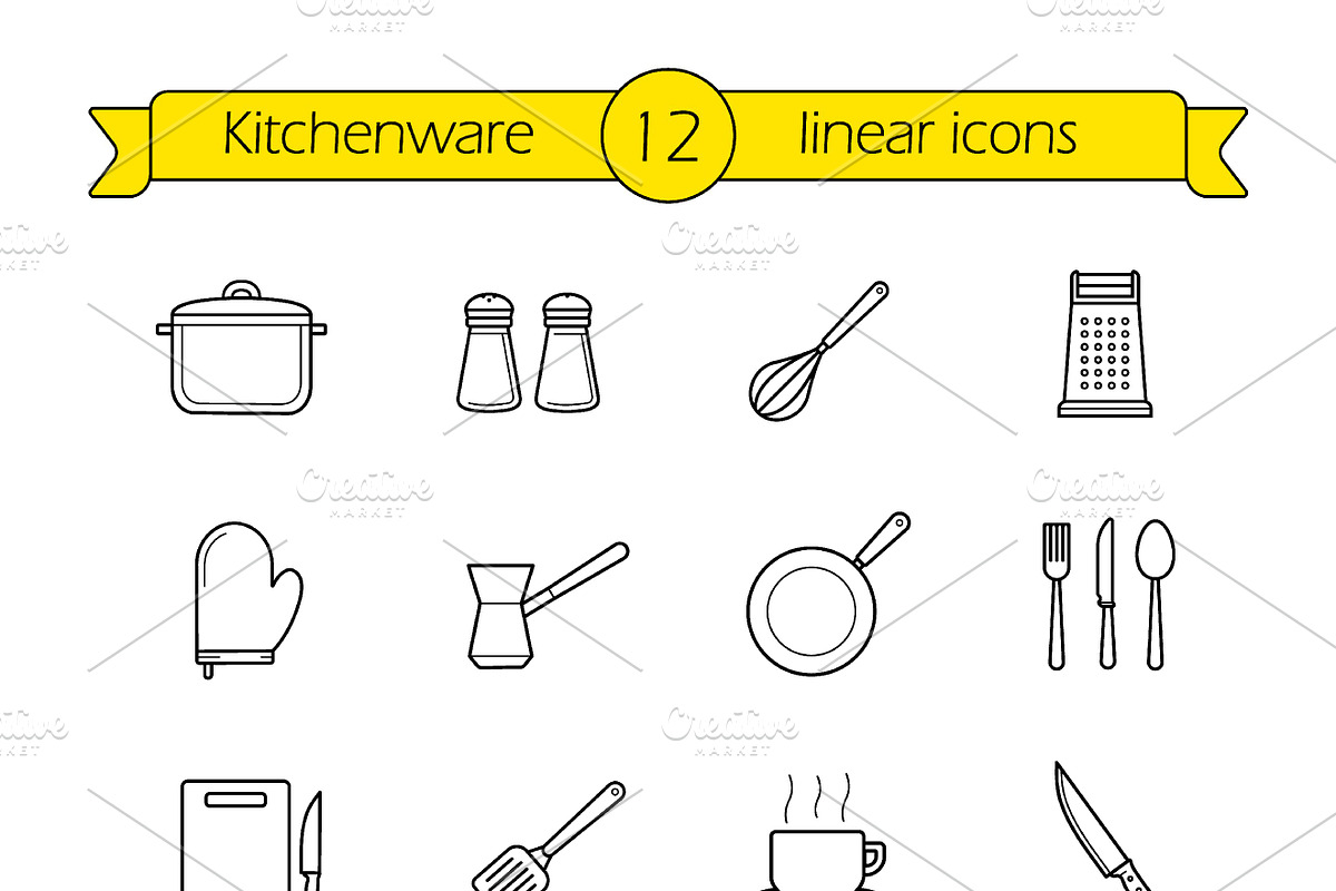 Kitchenware. 12 linear icons. Vector in Icons - product preview 8