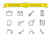 Kitchenware. 12 linear icons. Vector