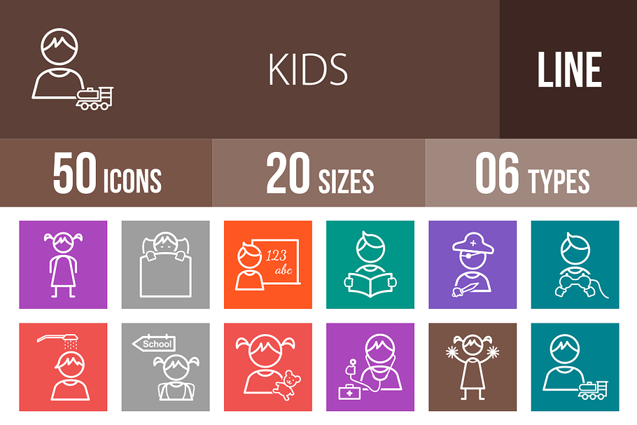 50 Kids Line Multicolor Icons