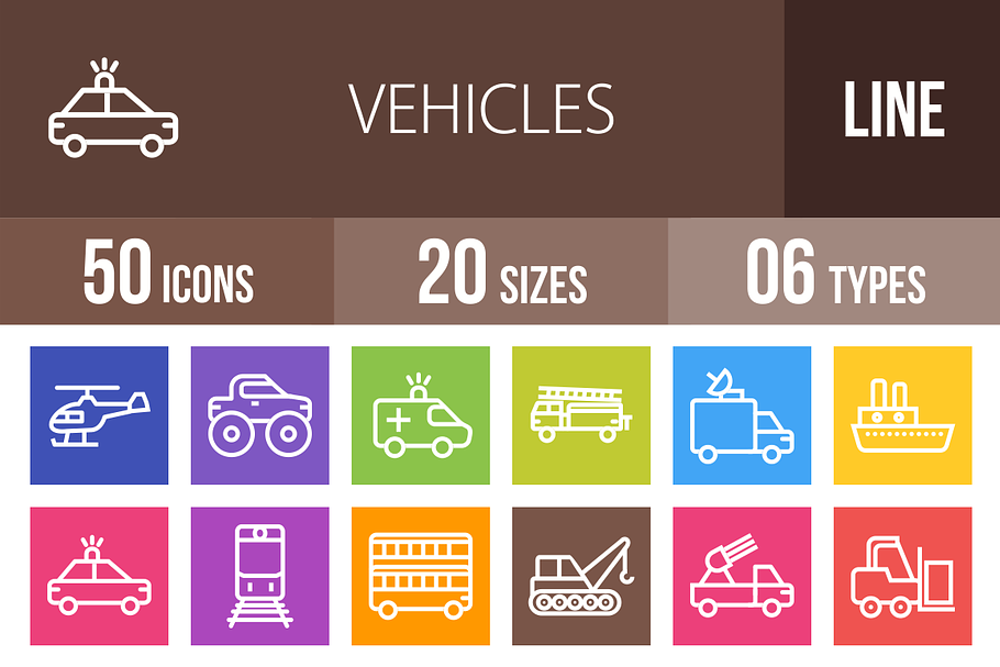 50 Vehicles Line Multicolor Icons