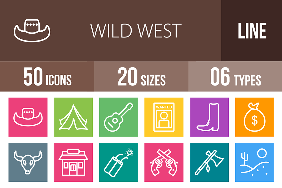 50 Wild West Line Multicolor Icons