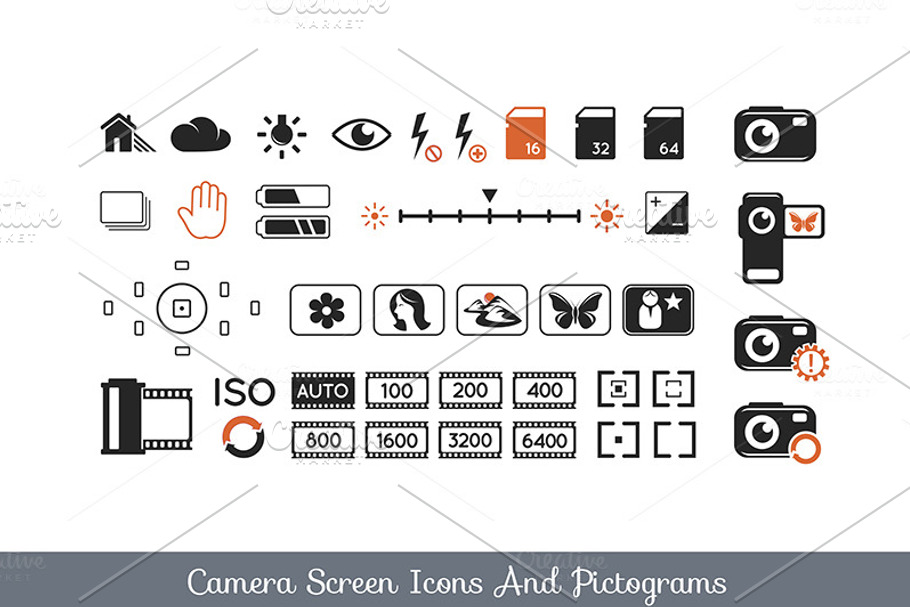 Camera screen icons and pictograms