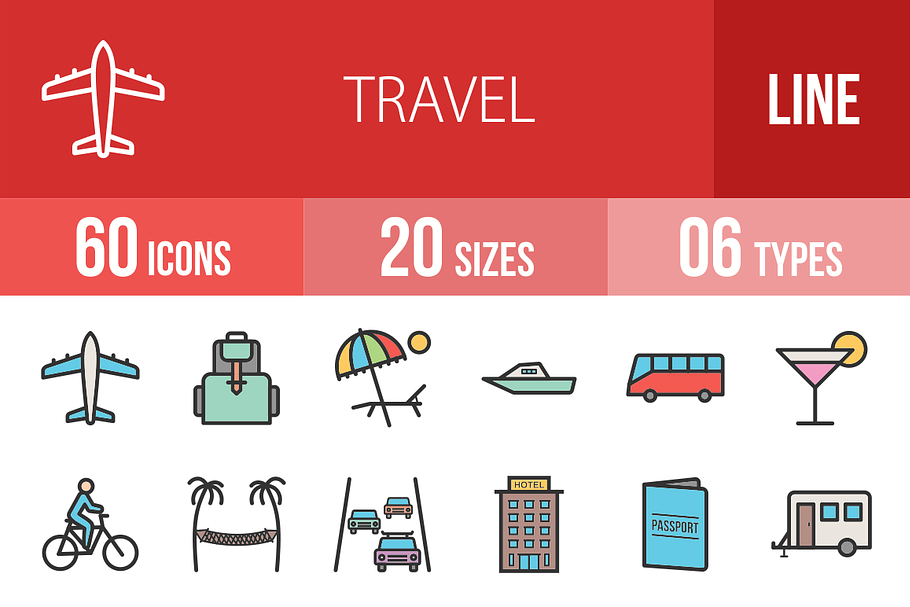 60 Travel Line Filled Icons