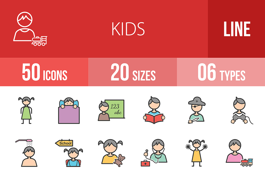 50 Kids Line Filled Icons