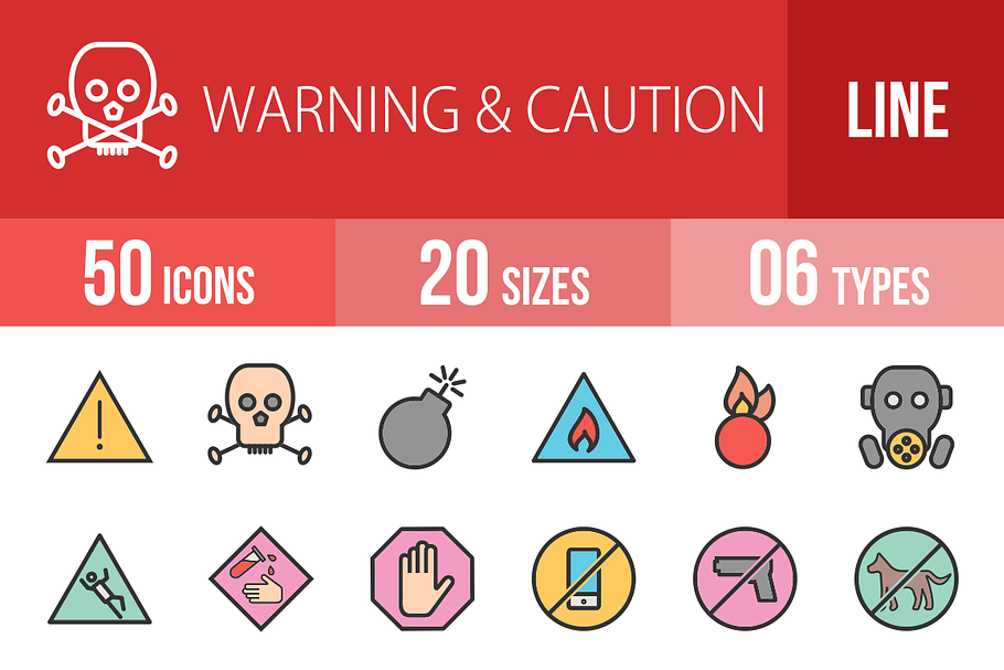50 Warning Line Filled Icons