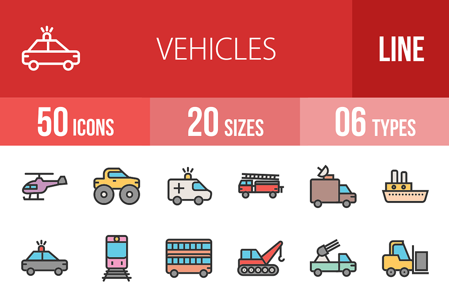 50 Vehicles Line Filled Icons