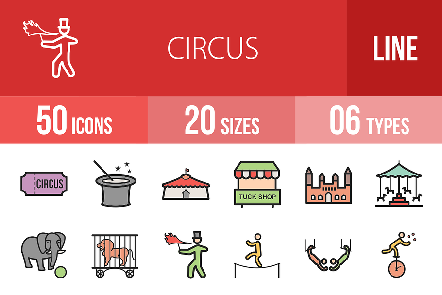 50 Circus Line Filled Icons in Graphics - product preview 8