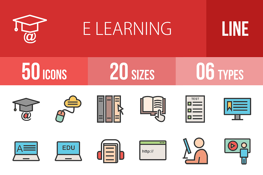 50 E Learning Line Filled Icons