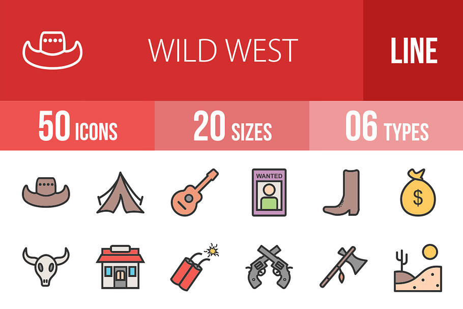 50 Wild West Line Filled Icons