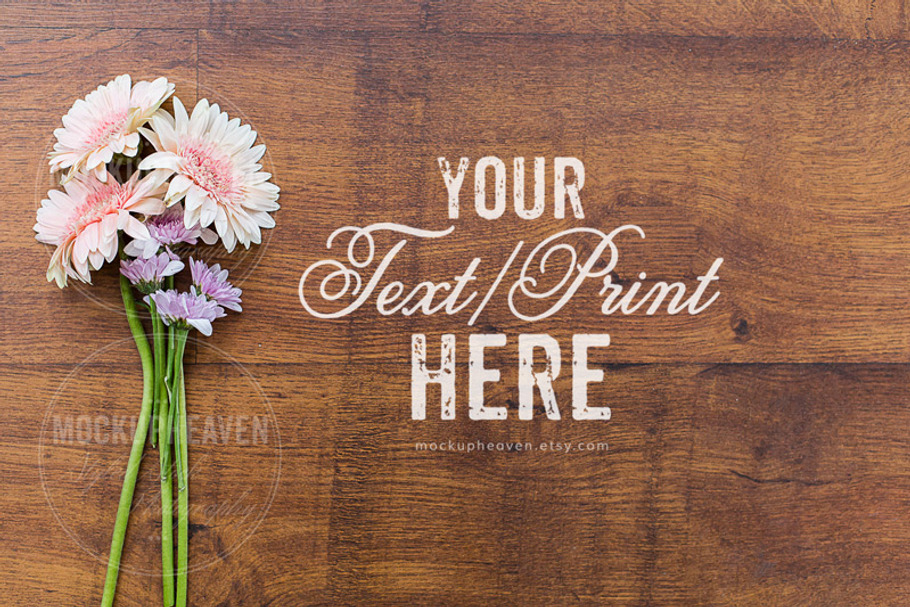 Rustic Flowers on Wood Desk Mockup in Print Mockups - product preview 8