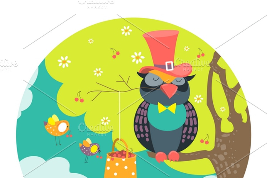 Cute owl sitting on tree branch in Illustrations - product preview 8