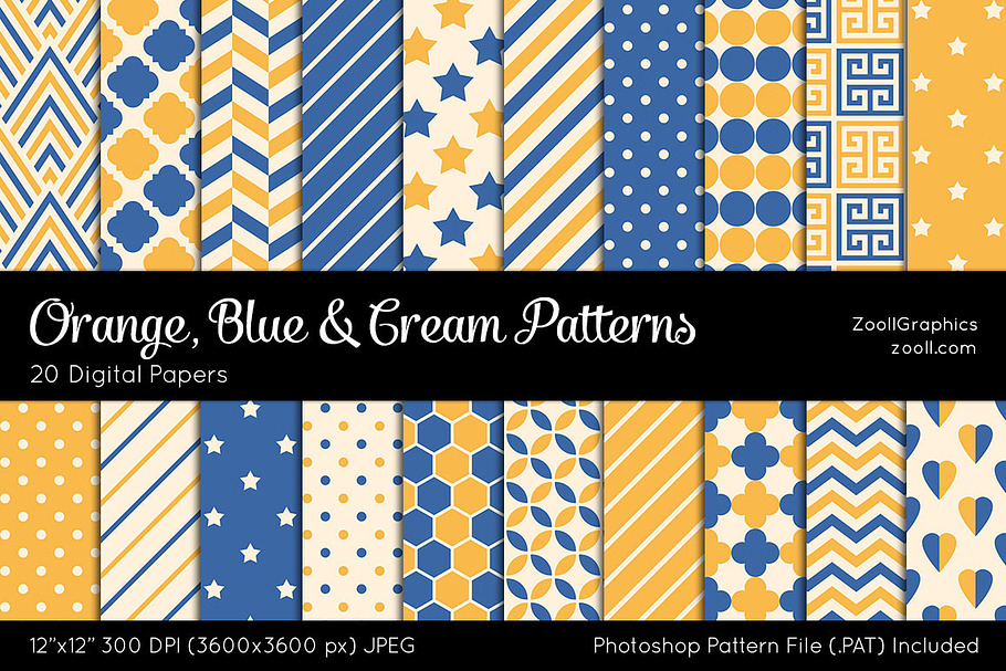 Orange, Blue & Cream Digital Papers in Patterns - product preview 8