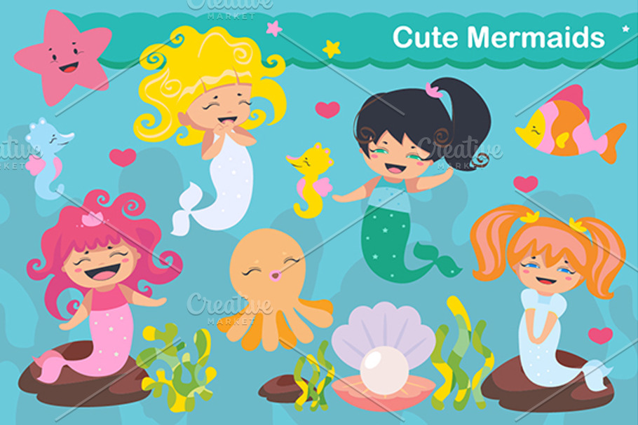 Cute kawaii mermaids in Illustrations - product preview 8