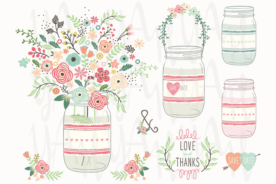 Vintage Flower Mason Jar Elements in Illustrations - product preview 8