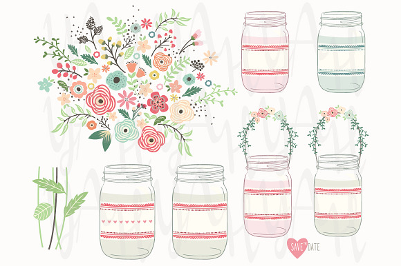 Vintage Flower Mason Jar Elements in Illustrations - product preview 1