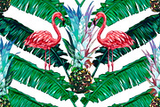 Pink flamingos, palm leaves pattern