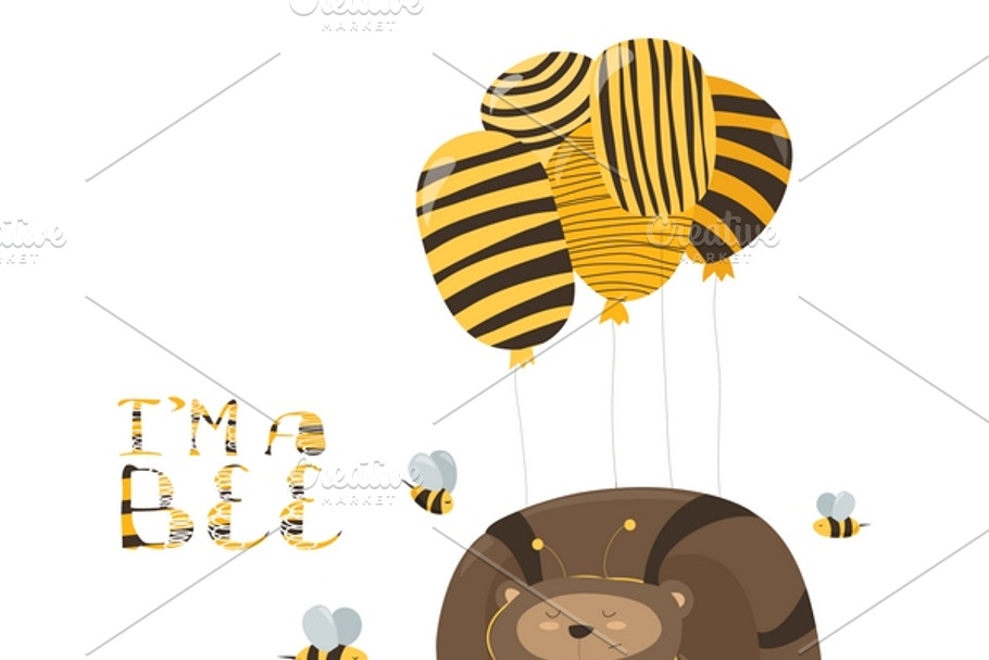 Funny bear flying on a balloon in Illustrations - product preview 8
