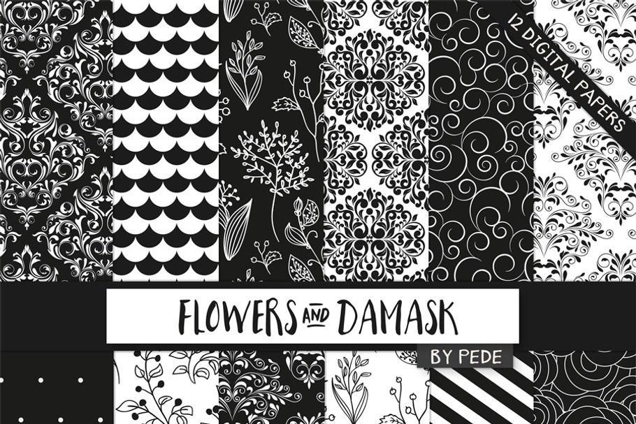 Flowers and damask digital paper