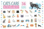 Cats care nutrition and vet icon set