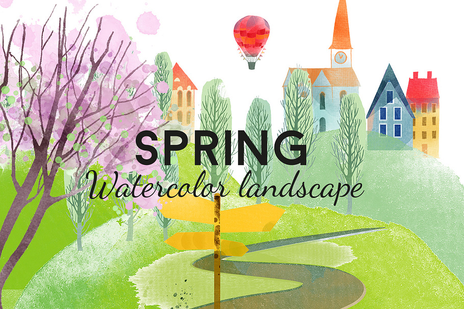 Spring watercolor landscape in Illustrations - product preview 8