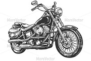 Motorcycle. Side view. Engraving 