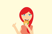 Woman eating hamburger.