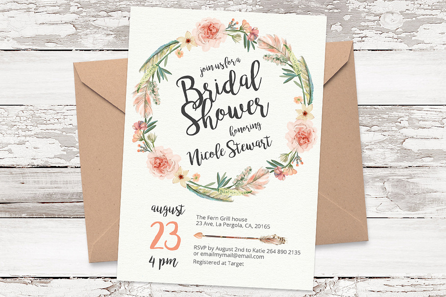 Floral wreath invitation template 05 in Card Templates - product preview 8
