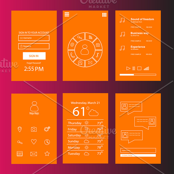 Mobile interface flat orange color in Mobile & Web Mockups - product preview 6