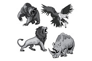 Rhino, hawk, grizzly bear and lion
