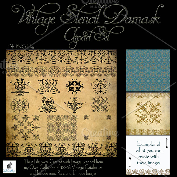 Vintage Stencil Damask Clipart Set in Illustrations - product preview 4