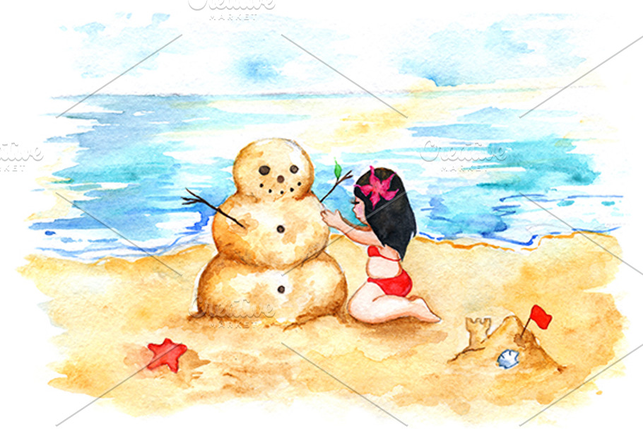 Watercolor sea beach sandman girl