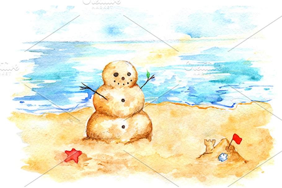 Watercolor sea ocean beach sandman in Illustrations - product preview 8