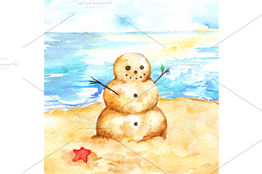 Watercolor summer sea beach sandman