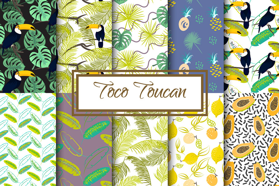 Toucan in Jungle Seamless Patterns