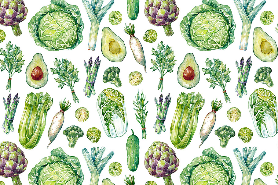 Green Vegetables. Watercolor Bundle
