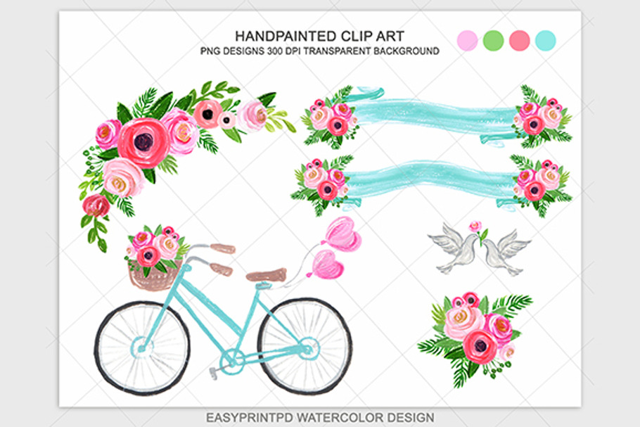 Wedding blue pink bike clip art  in Illustrations - product preview 8