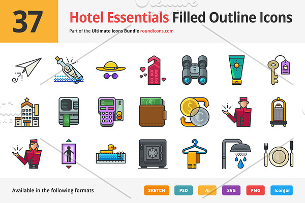 37 Hotel Essentials Outline Icons