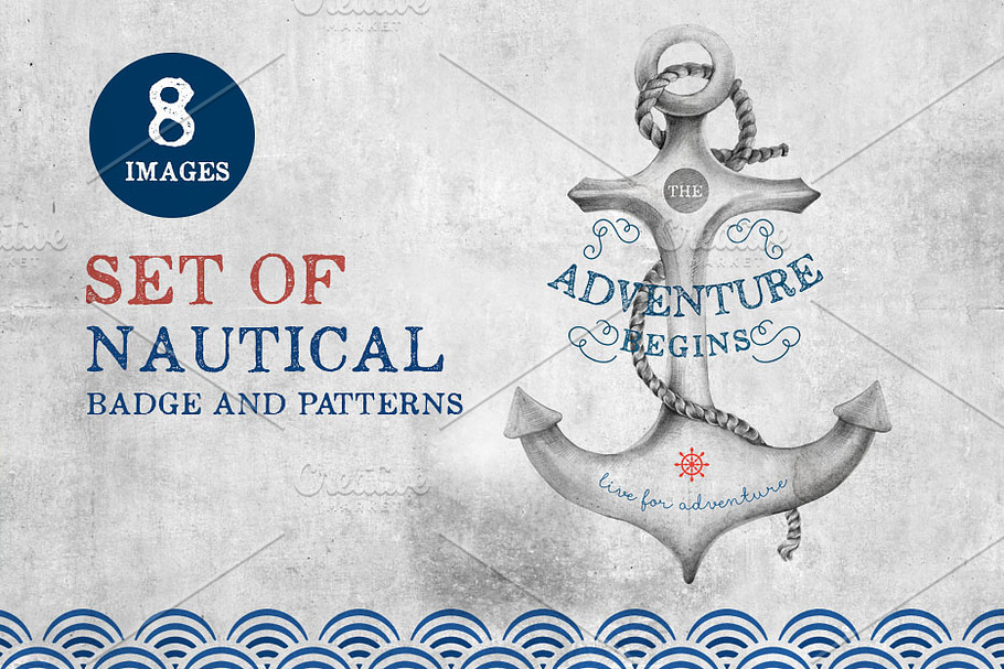 Set of nautical badge and patterns in Illustrations - product preview 8