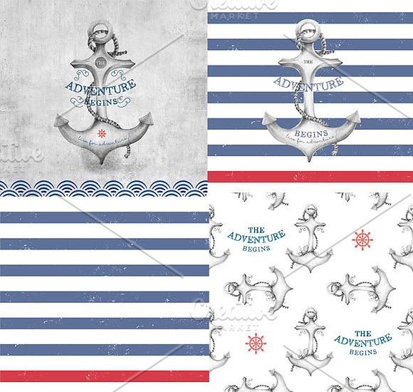 Set of nautical badge and patterns in Illustrations - product preview 2
