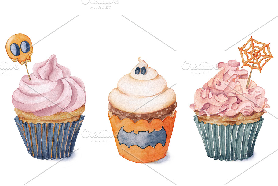 Watercolor cupcakes for Halloween.