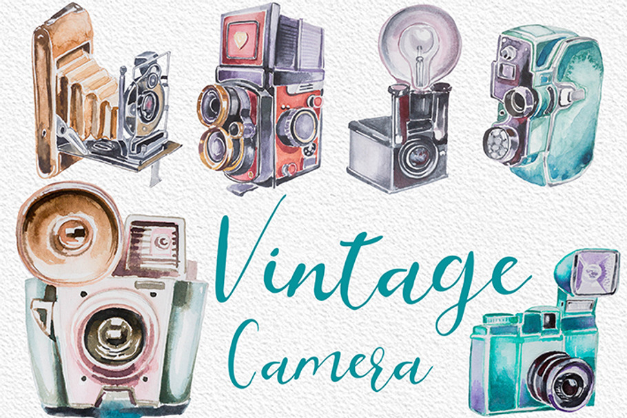Watercolor Vintage Camera Clipart in Illustrations - product preview 8
